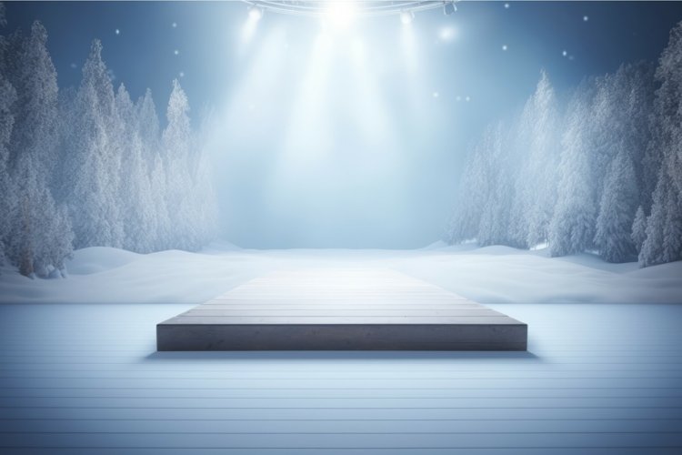 Empty space stage with winter snowy background. Generate ai