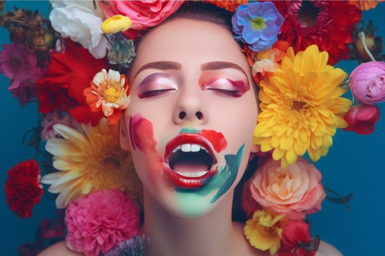 Woman face covered flowers. Generate Ai example image 1