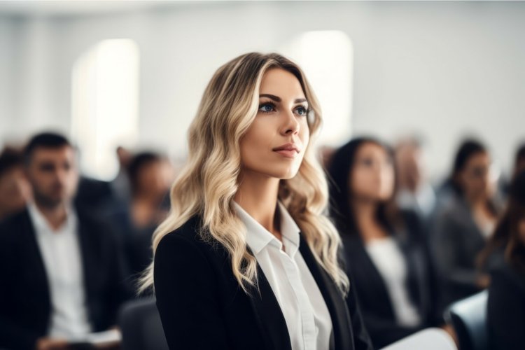 Blonde business woman. Generate AI example image 1