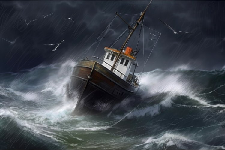 Sea Storm On Fishing Boat Marine Storm Wave