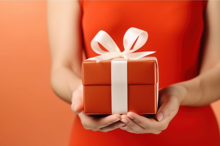 Gift box in female hand. Generate Ai