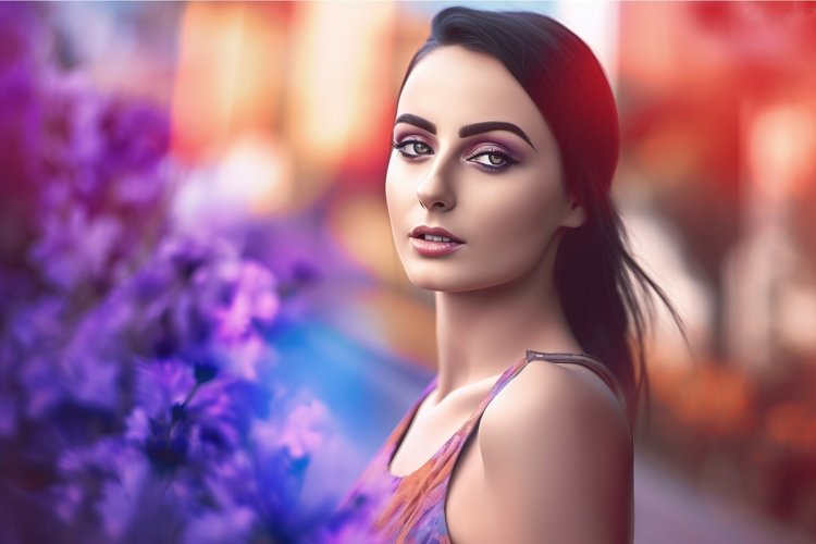 Girl posing in colorful violet shades. Generate ai