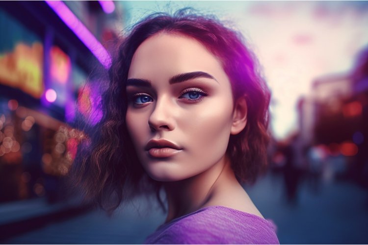 Girl looks in colorful violet scene. Generate ai