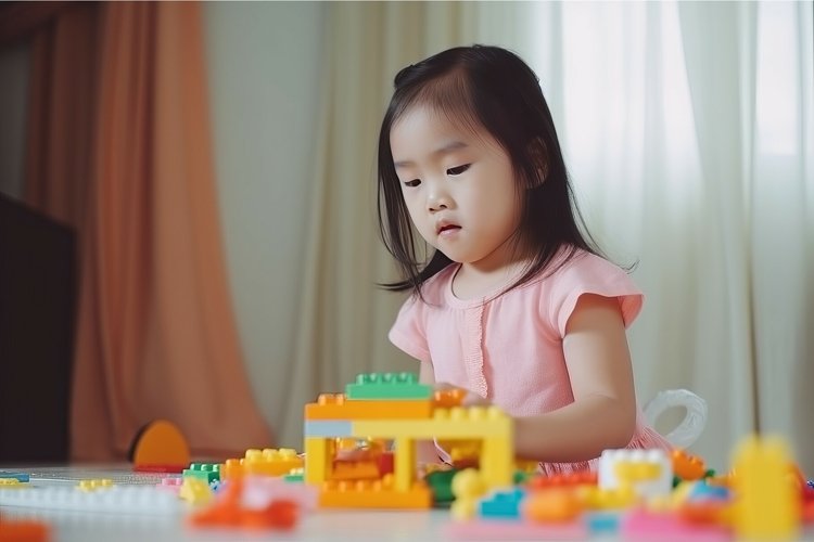 Girl play colorful blocks. Generate Ai