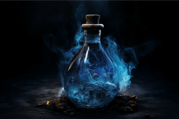 Flask blue smoke bottle pot. Generate Ai example image 1
