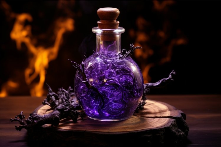 Flask purple smoke bottle chemist. Generate Ai example image 1