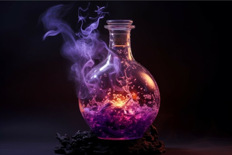 Flask purple fire smoke bottle. Generate Ai example image 1