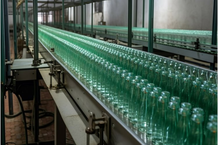 Glass bottle factory conveyor. Generate ai