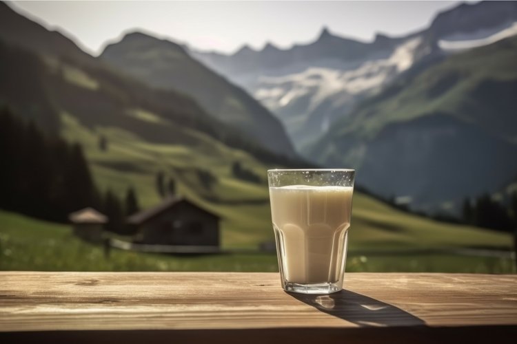 Glass jug milk mountains. Generate Ai
