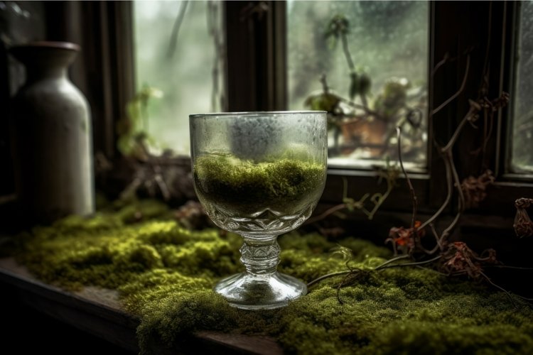 Glass old house on moss desk near window. Generate Ai