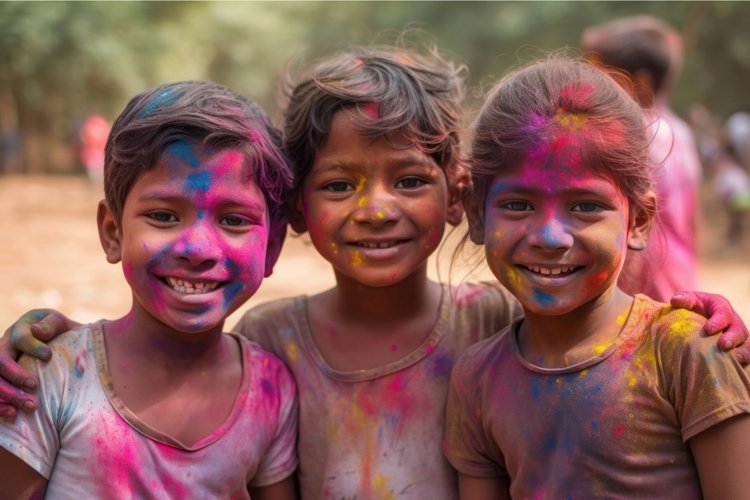 Group of kids having fun Holi color festival. Generate ai example image 1