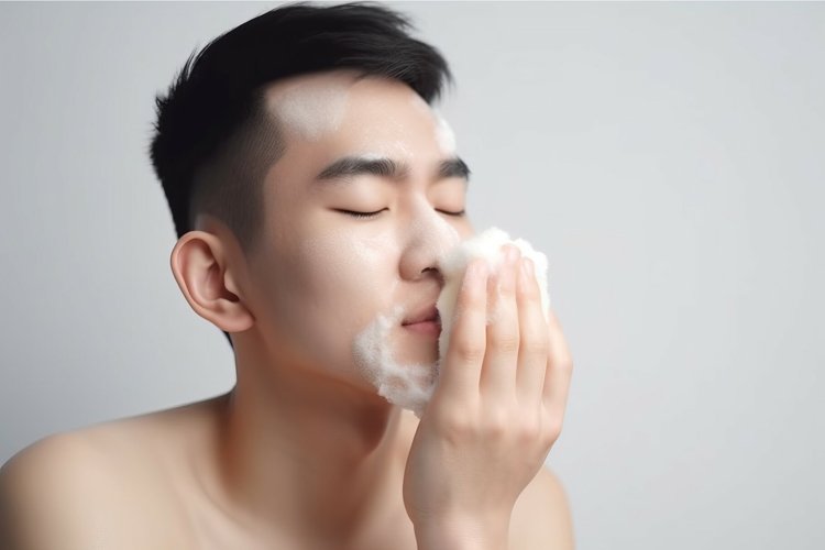 Happy man washing face sponge at morning. Generate Ai example image 1