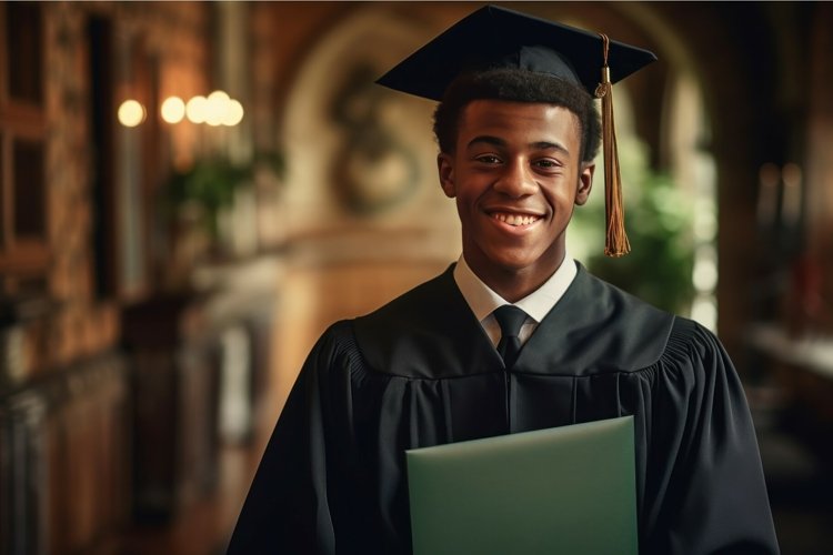 Happy black american student in robe with diploma. Generate example image 1