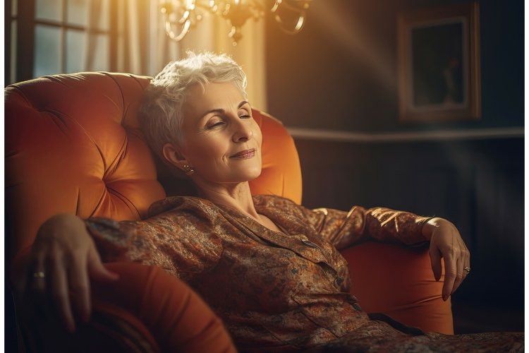 Aged woman relaxing in armchair at sunlight. Generate Ai