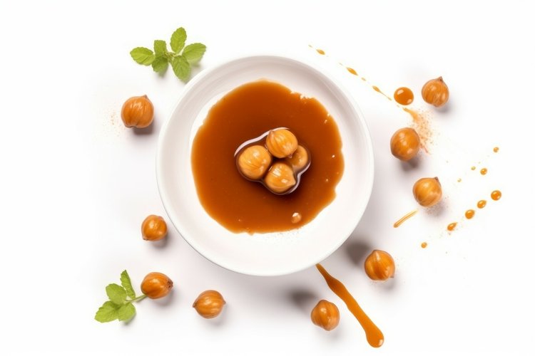 Hazelnuts caramel sauce. Generate AI