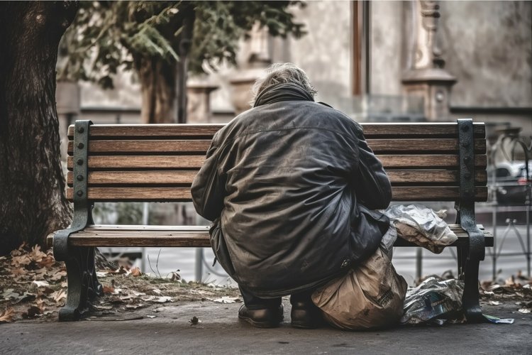 Homeless man sleep park bench. Generate Ai example image 1