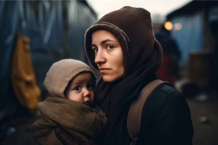 Scared homeless woman with baby. Generate ai