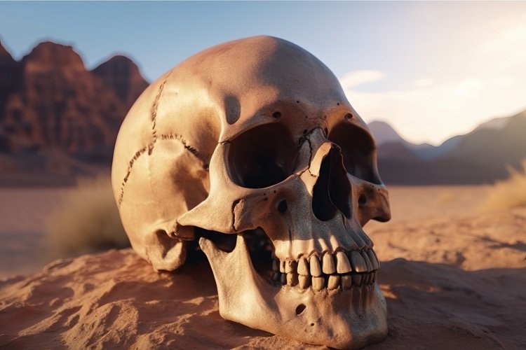 Cracked human skull in desert. Generate Ai