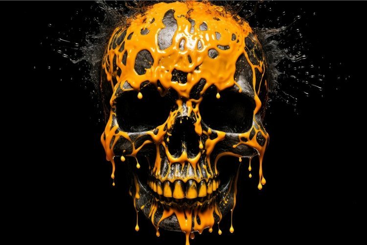 Human skull splashes orange food. Generate Ai