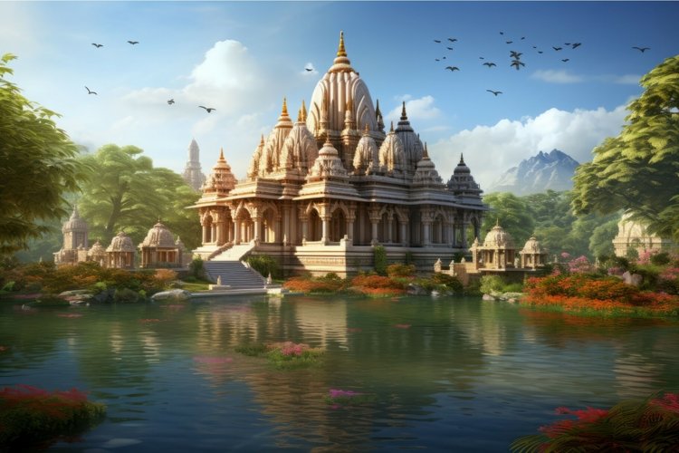 Big indian temple near lake. Generate Ai example image 1