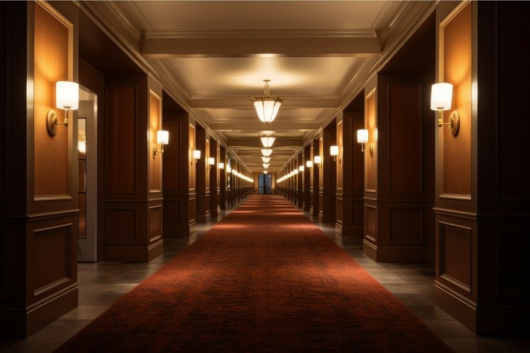 Interior long hotel corridor. Generate Ai