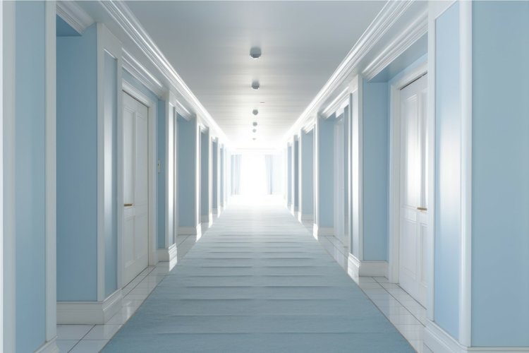 Interior long hotel corridor. Generate Ai example image 1