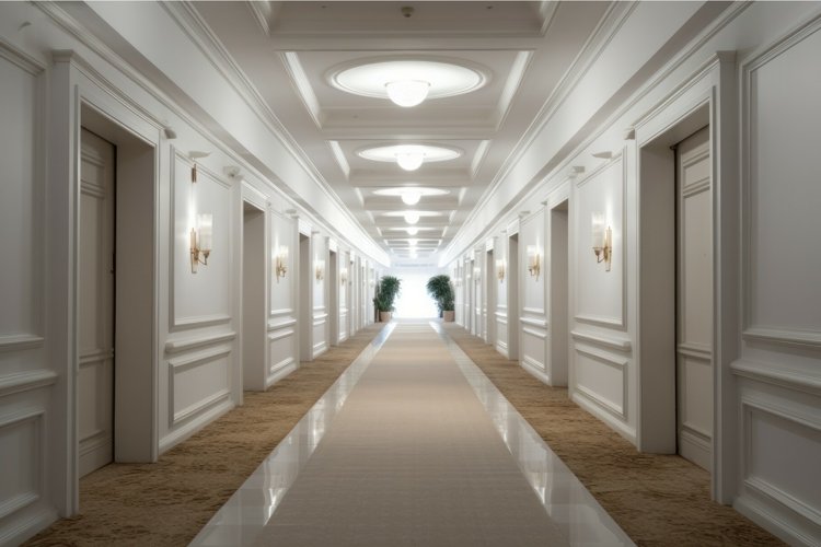 Interior long hotel corridor light. Generate Ai example image 1