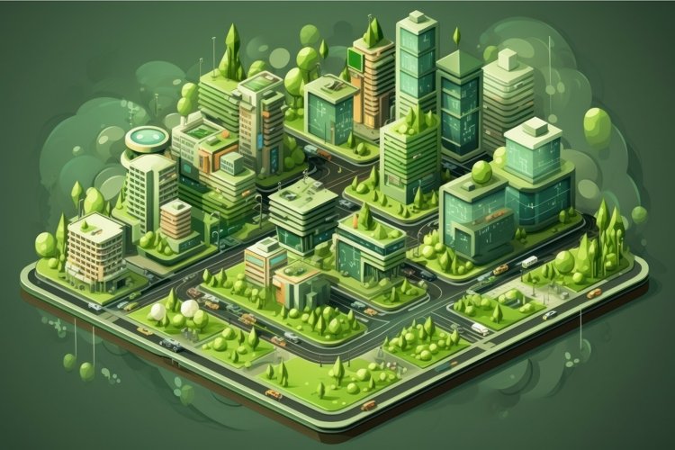 Geometric Isometric scheme of green city. Generate Ai example image 1