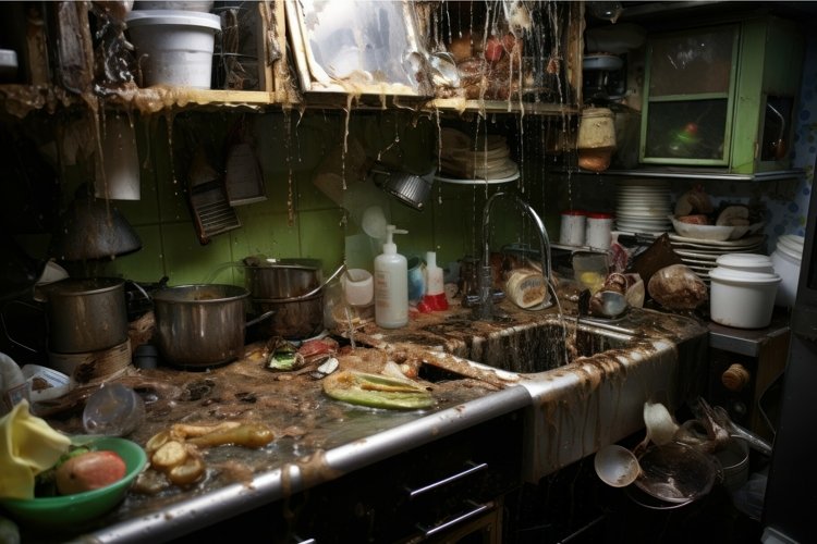 Messy Kitchen dirty chaos. Generate Ai