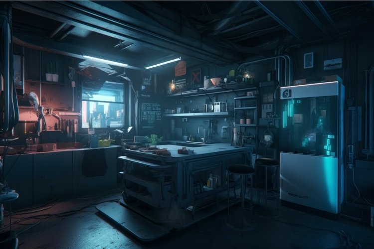 Cyberpunk kitchen interior soft light. Generate Ai example image 1