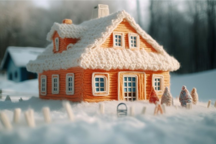 Knitted house thread in cold snow season. Generate ai