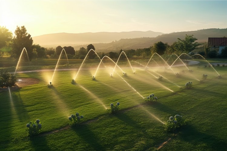 Automatic garden watering system sunset. Generate Ai example image 1