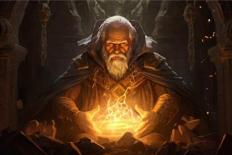 Mage old man fantasy dungeon. Generate Ai example image 1