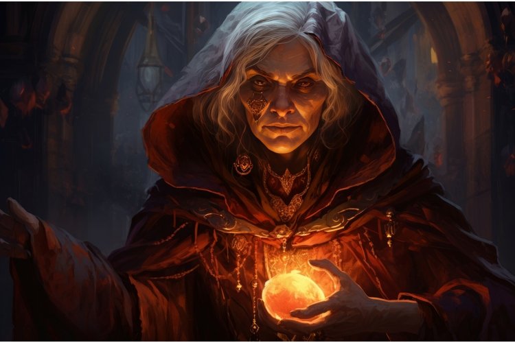 Illusionary Mage old woman fantasy dungeon. Generate Ai example image 1