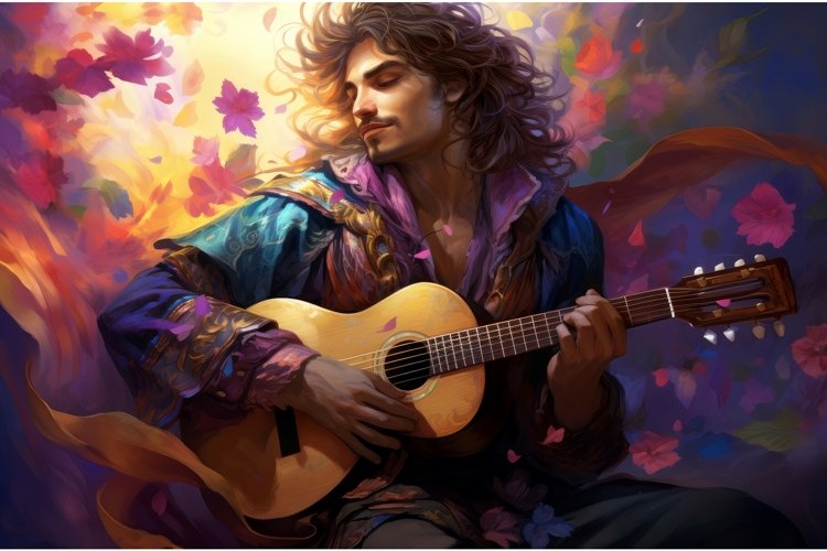 Artistic Male bard in colorful suit. Generate ai