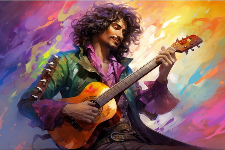 Eccentric Male bard in colorful suit. Generate ai example image 1