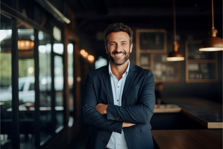 Positive Male entrepreneur smiles. Generate Ai