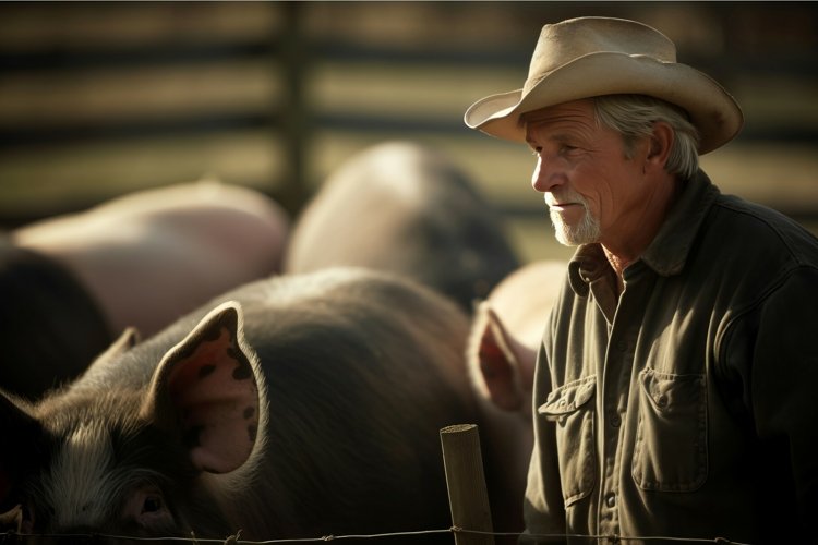 Male rancher pig morning day. Generate Ai