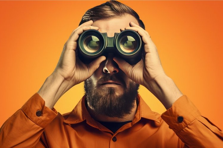 Man carefully look binoculars on orange background. Generate example image 1