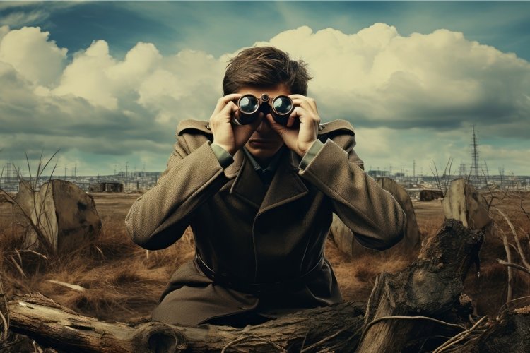Man carefully look binoculars. Generate Ai
