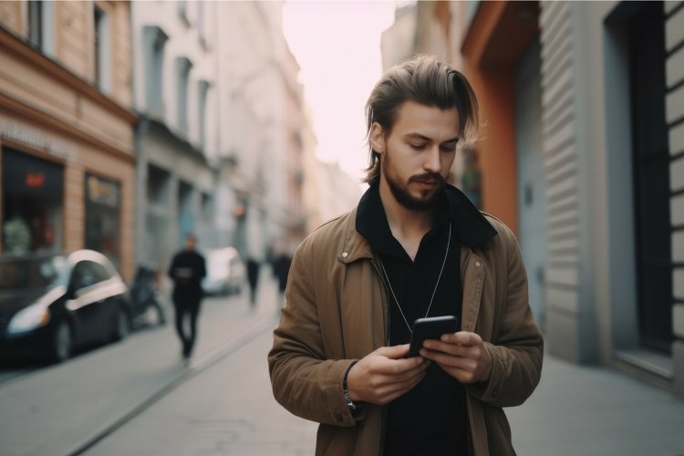 Man city street jacket phone. Generate Ai