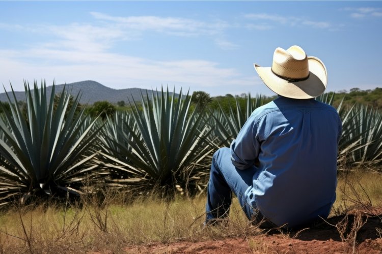 Man cowboy agave field desert. Generate Ai