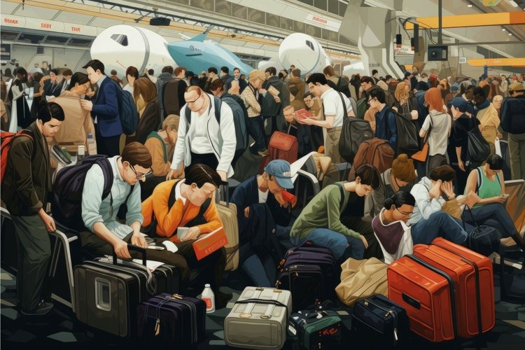 Busy Crowded airport tourist portrait. Generate Ai example image 1