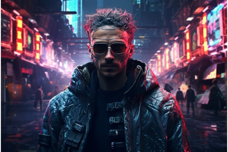 Neon-drenched Man cyberpunk style. Generate ai example image 1
