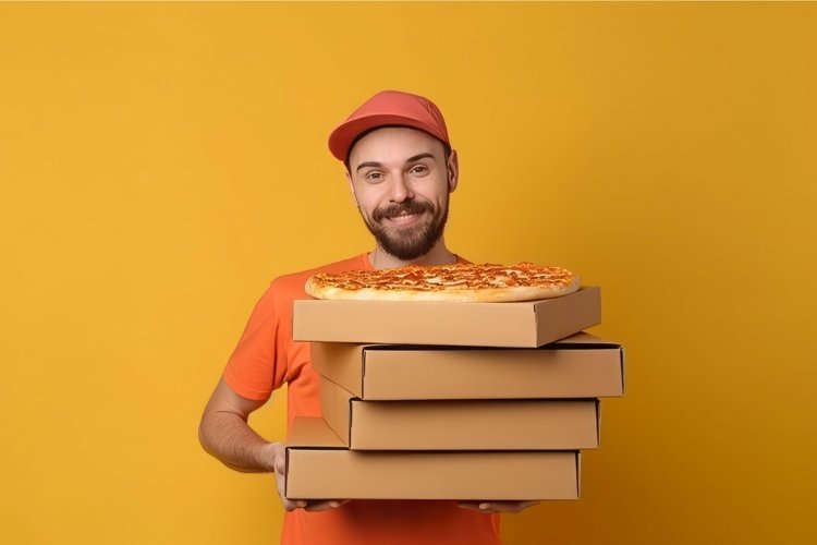 Man pizza boxes stack in hand. Generate AI example image 1