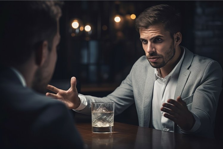 Determined Man refusing vodka drink glass. Generate ai example image 1