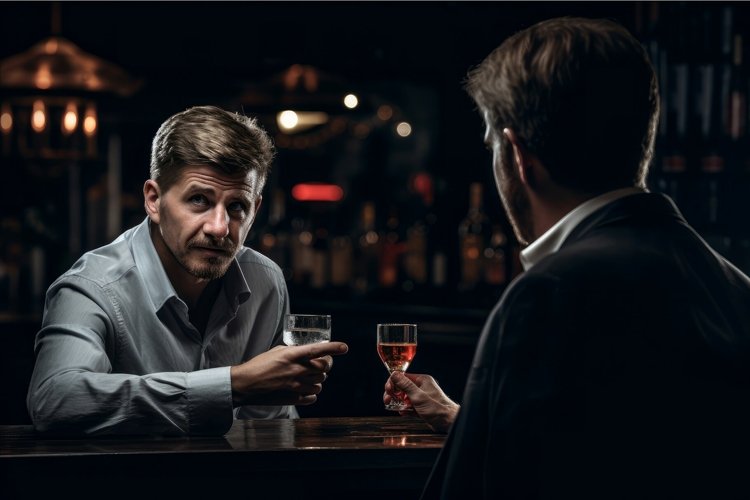 Self-disciplined Man refusing vodka drink glass. Generate ai example image 1