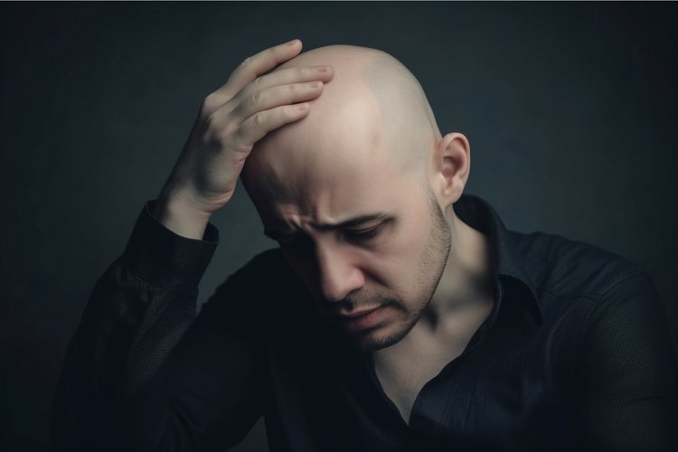 Man sad face bald head portrait. Generate Ai example image 1