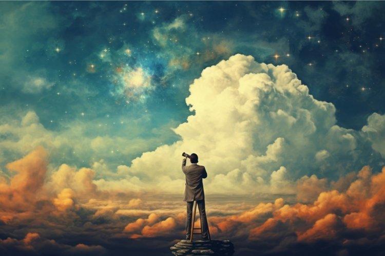 Curious Man telescope sky. Generate Ai
