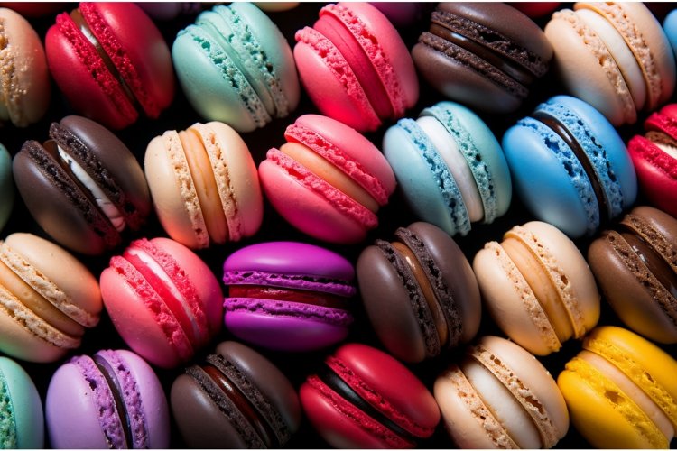 Delicious Many colorful macarons. Generate Ai